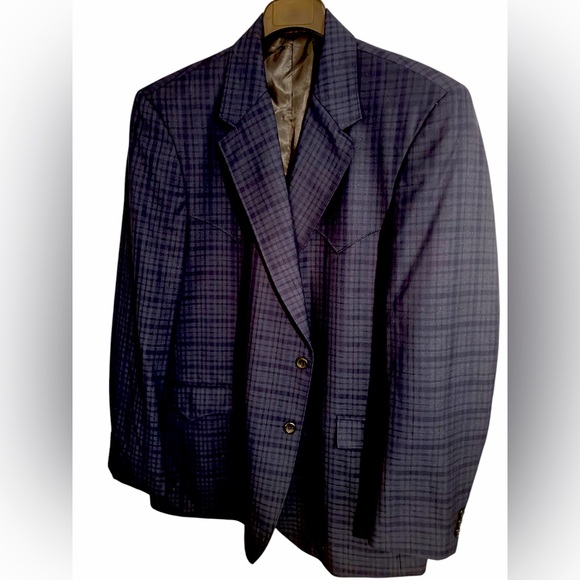 CIRCLE S Dallas, TX Vintage Navy Plaid Lubbock Western Sport Coat Blazer Sz 48L - Picture 3 of 8